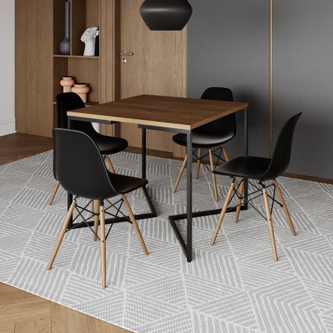 Mesa Jantar Industrial Amêndoa Quadrada 90x90 Base V Ferro Preto com 4 Cadeiras Eames Eiffel Pretas