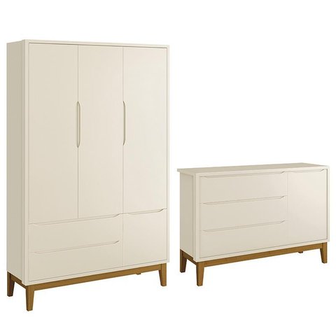 Jogo de Quarto Infantil Guarda Roupa 3 Portas e Cômoda 1 Porta Classic Areia Fosco com Pés