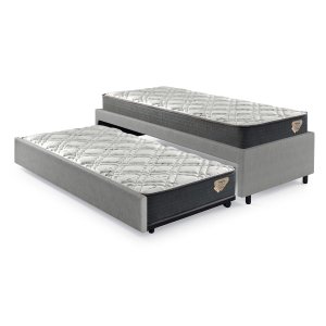 Bicama Box Solteiro 88x188 Courino Linho Cinza com Dois Colchões Adapto Molas Ensacadas Ecoflex