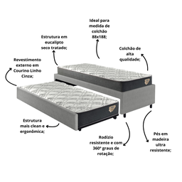 Bicama Box Solteiro 88x188 Courino Linho Cinza com Dois Colchões Adapto Molas Ensacadas Ecoflex - 4