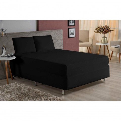 Jogo de Cama Casal Nobre 3 Peças Luva de Box 55cm de Altura Malha 100% Algodão - Preto
