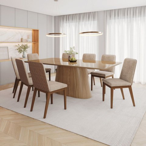 Conjunto Sala Jantar Mesa Olívia 200 cm Canto Arred C Vid 8 Cadeiras Pietra Henn