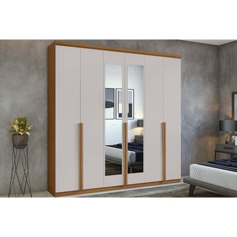 Guarda Roupa Casal 6 Portas (2 C- Espelho) e 4 Gavetas Alonzo New Amêndoa-off White - Lopas