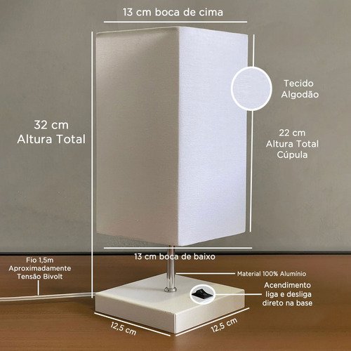 Abajur de Quarto Cabeceira Aluminio Escovado + Cupula Tecido Bivolt E27 - Branco Cup Branco - 2