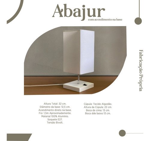 Abajur de Quarto Cabeceira Aluminio Escovado + Cupula Tecido Bivolt E27 - Branco Cup Branco - 4