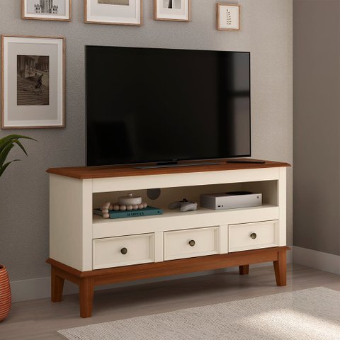 Rack para TV 43 Polegadas Madeira Maciça 3 Gavetas Rústico 113,8cm Off White - Apaixone & Decore