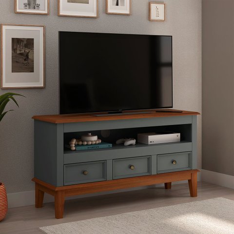 Rack para TV 43 Polegadas Madeira Maciça 3 Gavetas Rústico 113,8cm Cinza - Apaixone & Decore