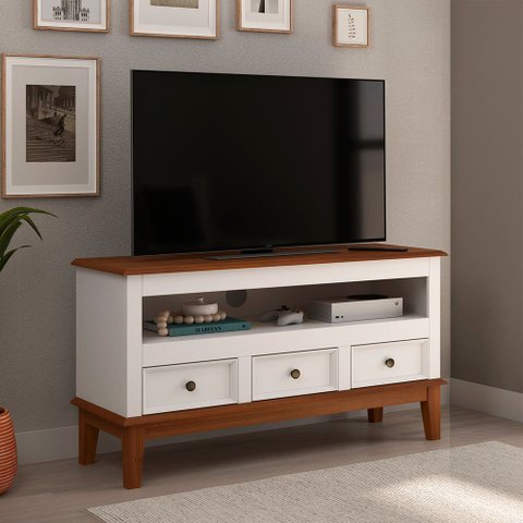 Rack para TV 43 Polegadas Madeira Maciça 3 Gavetas Rústico 113,8cm Branco - Apaixone & Decore