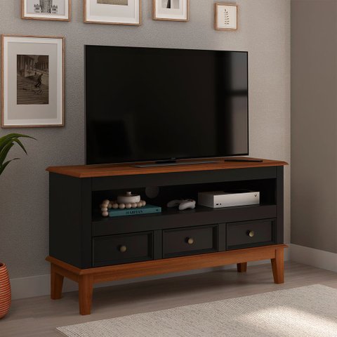 Rack para TV 43 Polegadas Madeira Maciça 3 Gavetas Rústico 113,8cm Preto - Apaixone & Decore