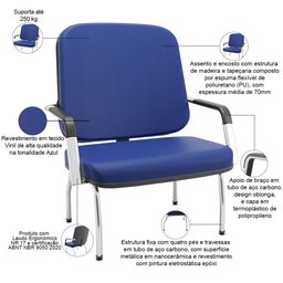 Cadeira de Escritório Recepção com Braço Fixa Cromada Magno P03 Vinil Azul - Lyam Decor - 2 Cadeira de Escritório Recepção com Braço Fixa Cromada Magno P03 Vinil Azul - Lyam Decor - 2