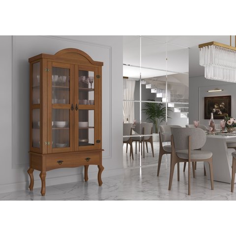 Cristaleira Madeira Maciça Luis Xv 2 Portas 1 Gaveta Amêndoa - Apaixone & Decore