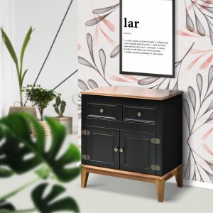 Balcão de Madeira Maciça 2 Portas e 2 Gavetas - Preto/Amêndoa Verniz