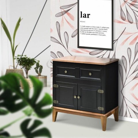 Balcão de Madeira Maciça 2 Portas e 2 Gavetas - Preto/Amêndoa Verniz
