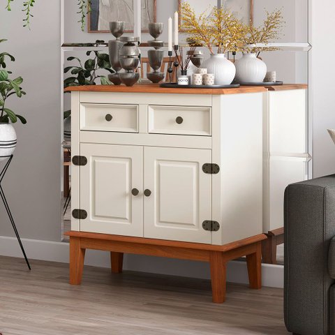 Balcão de Madeira Maciça 2 Portas e 2 Gavetas - Madeira Maciça e MDF - Off White