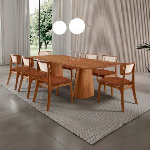 Sala de Jantar Mesa Noronha 220cm Tampo Laminado Canto Barril com 8 Cadeiras Viena