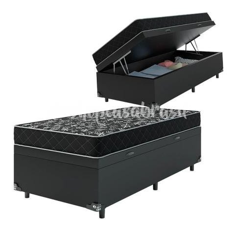 Cama Box Baú Solteiro Conforto Sintético Cinza + Colchão Solteiro Conforto Espuma D23 14x88x188