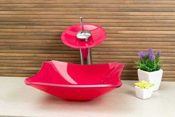 Kit Banheiro Cuba de Vidro Retrô 33 cm + Torneira Cascata + Válvula - Rosa - 2