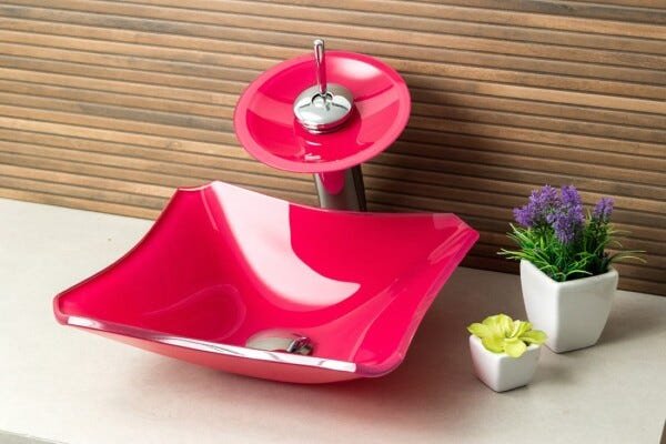 Kit Banheiro Cuba de Vidro Retrô 33 cm + Torneira Cascata + Válvula - Rosa - 1
