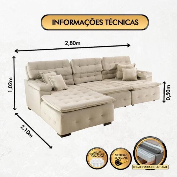 Sofá Orlando 2.80x2.10m com Chaise, Retrátil e Reclinável - Bege - 2