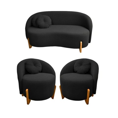 Kit 01 Sofá + 02 Poltronas Orgânicos c/ Almofadas Curvo Sala Recepção Amsterdã Boucle Preto
