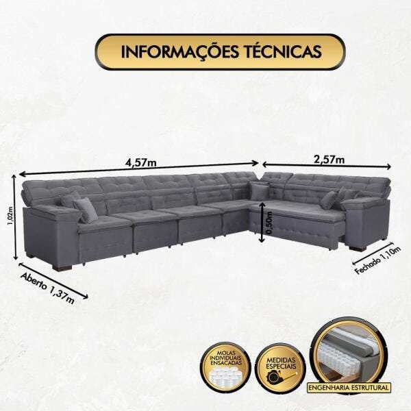 Sofá Magno 4.57x2.57m de Canto, Retrátil e Reclinável - Chumbo - 2