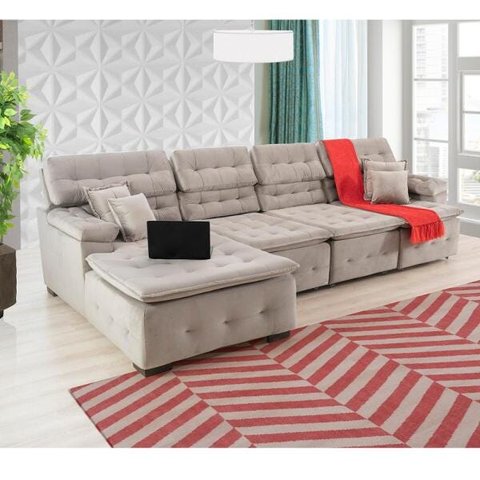 Sofá Orlando 3.45x1.90m com Chaise, Retrátil e Reclinável - Avelã