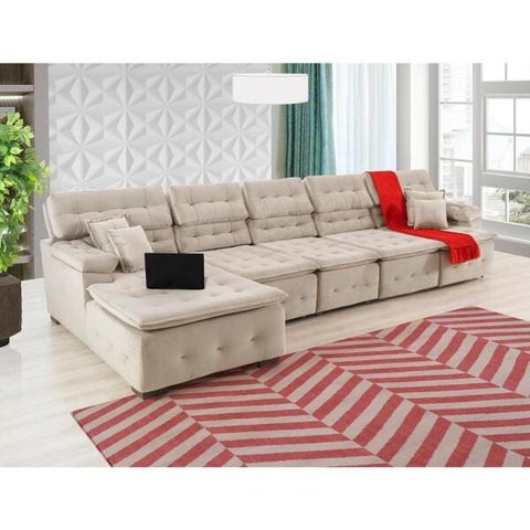 Sofá Orlando 4.20x1.70m com Chaise, Retrátil e Reclinável - Bege