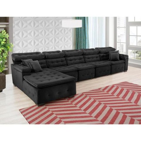 Sofá Orlando 4.20x2.10m com Chaise, Retrátil e Reclinável - Preto