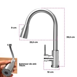Torneira de Cozinha Gourmet Monocomando com Extensor Ducha Luxo - Aço Escovado - 8
