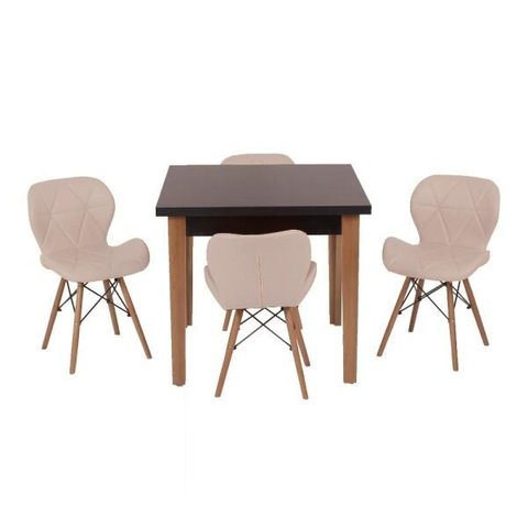 Conjunto Mesa de Jantar Juliette Preta 80cm com 4 Cadeiras Slim - Nude