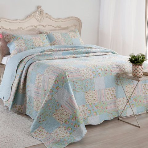 Kit Cobre Leito Colcha Casa Scarpa Mix Queen Estampado Dupla Face Floral 3 Peças - Karina