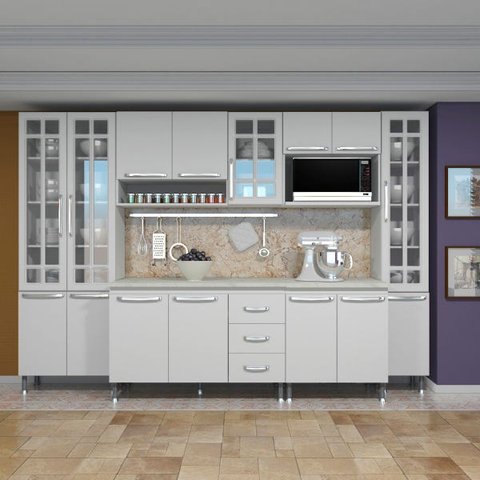 Cozinha Completa Predilleta Clara Modulada 6 Peças 295cm 15 Portas 3 Gavetas com Tampo Branco