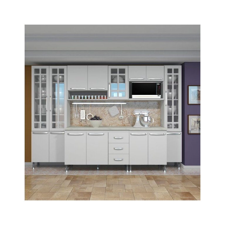 Cozinha Completa Predilleta Clara Modulada 6 Peças 295cm 15 Portas 3 Gavetas com Tampo Branco