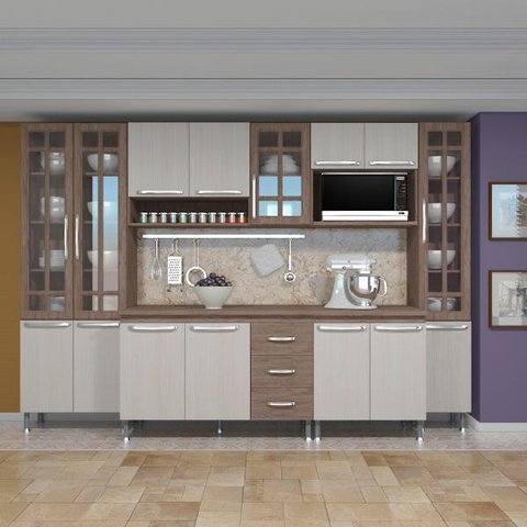 Cozinha Completa Predilleta Gabrieli Modulada 6 Peça 295cm 15 Porta 3 Gaveta com Tampo Nogal Salina