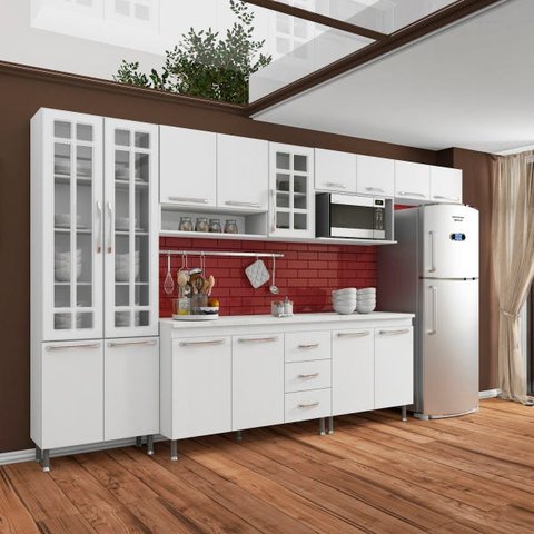 Cozinha Completa Predilleta Clara Modulada 6 Peças 330cm 15 Portas 3 Gavetas com Tampo Branco