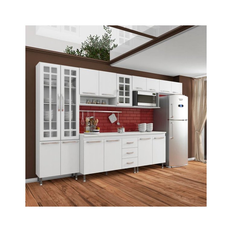 Cozinha Completa Predilleta Clara Modulada 6 Peças 330cm 15 Portas 3 Gavetas com Tampo Branco