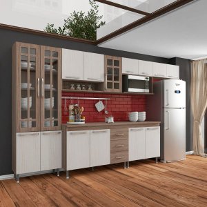 Cozinha Completa Predilleta Gabrieli Modulada 6 Peça 330cm 15 Porta 3 Gaveta com Tampo Nogal Salina