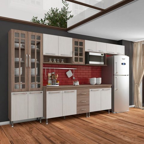 Cozinha Completa Predilleta Gabrieli Modulada 6 Peça 330cm 15 Porta 3 Gaveta com Tampo Nogal Salina