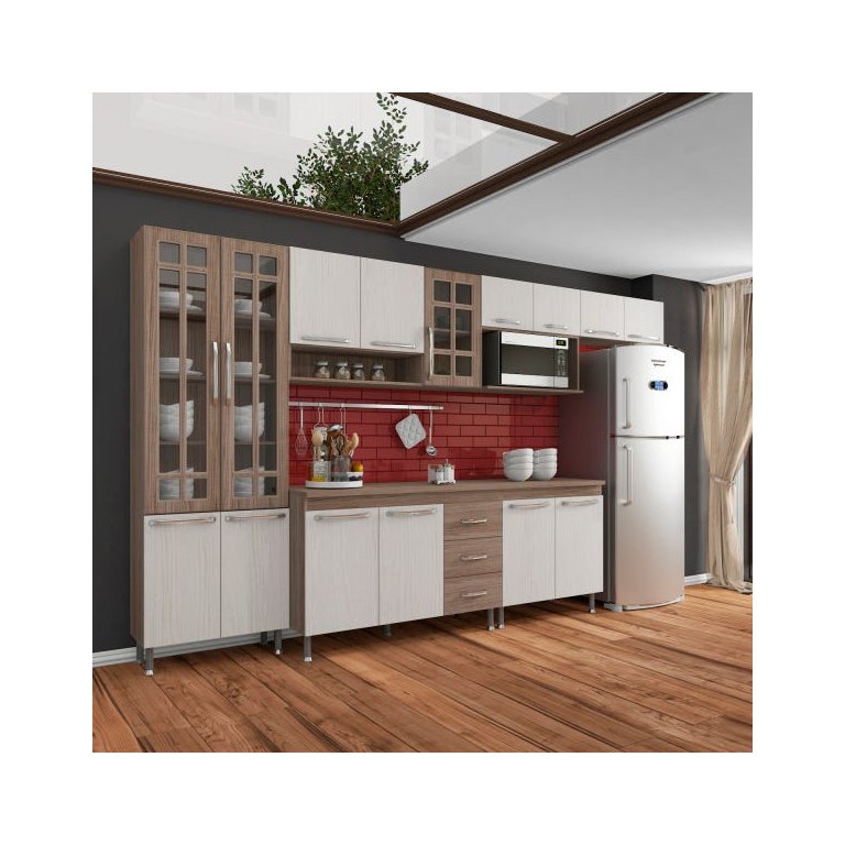 Cozinha Completa Predilleta Gabrieli Modulada 6 Peça 330cm 15 Porta 3 Gaveta com Tampo Nogal Salina
