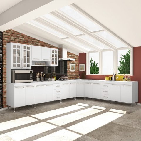 Cozinha Completa Predilleta Clara Modulada 7 Peças 600cm 16 Portas 6 Gavetas com Tampo Branco