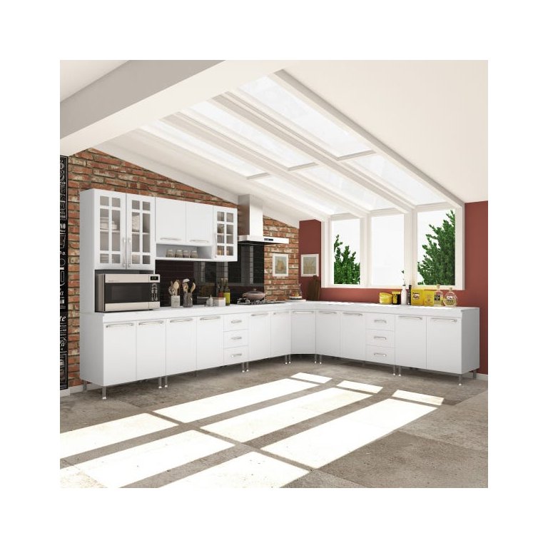 Cozinha Completa Predilleta Clara Modulada 7 Peças 600cm 16 Portas 6 Gavetas com Tampo Branco