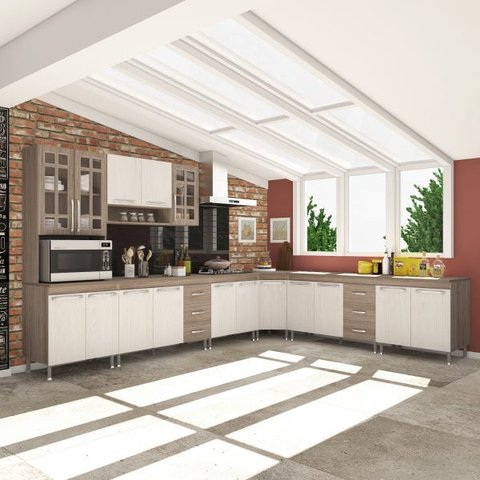 Cozinha Completa Predilleta Gabrieli Modulada 7 Peça 600cm 16 Porta 6 Gaveta com Tampo Nogal Salina