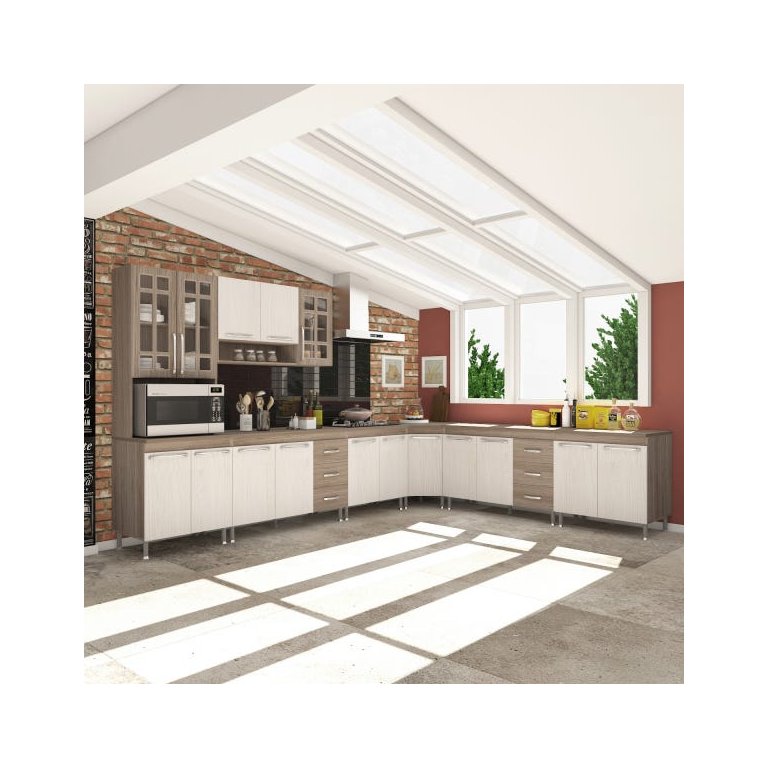 Cozinha Completa Predilleta Gabrieli Modulada 7 Peça 600cm 16 Porta 6 Gaveta com Tampo Nogal Salina