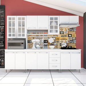 Cozinha Completa Predilleta Clara Modulada 5 Peças 260cm 13 Portas 3 Gavetas com Tampo Branco