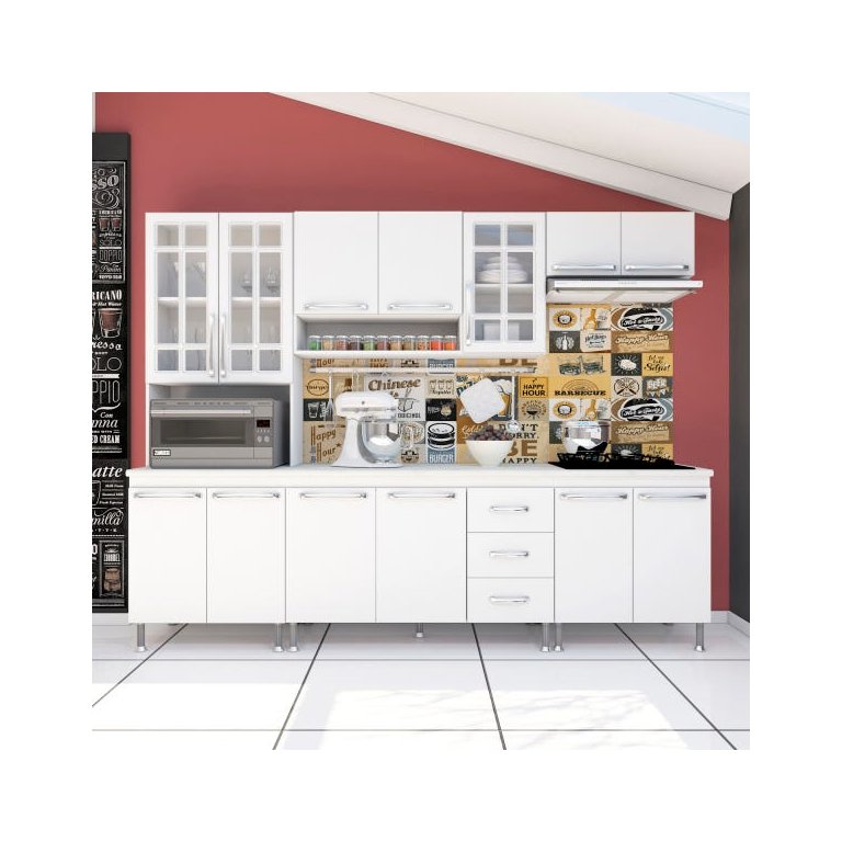 Cozinha Completa Predilleta Clara Modulada 5 Peças 260cm 13 Portas 3 Gavetas com Tampo Branco