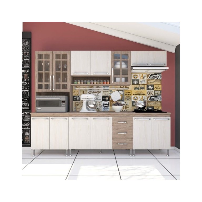 Cozinha Completa Predilleta Gabrieli Modulada 5 Peça 260cm 13 Porta 3 Gaveta com Tampo Nogal Salina