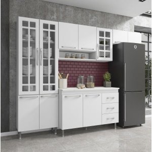 Cozinha Completa Predilleta Clara Modulada 4 Peças 260cm 11 Portas 3 Gavetas com Tampo Branco