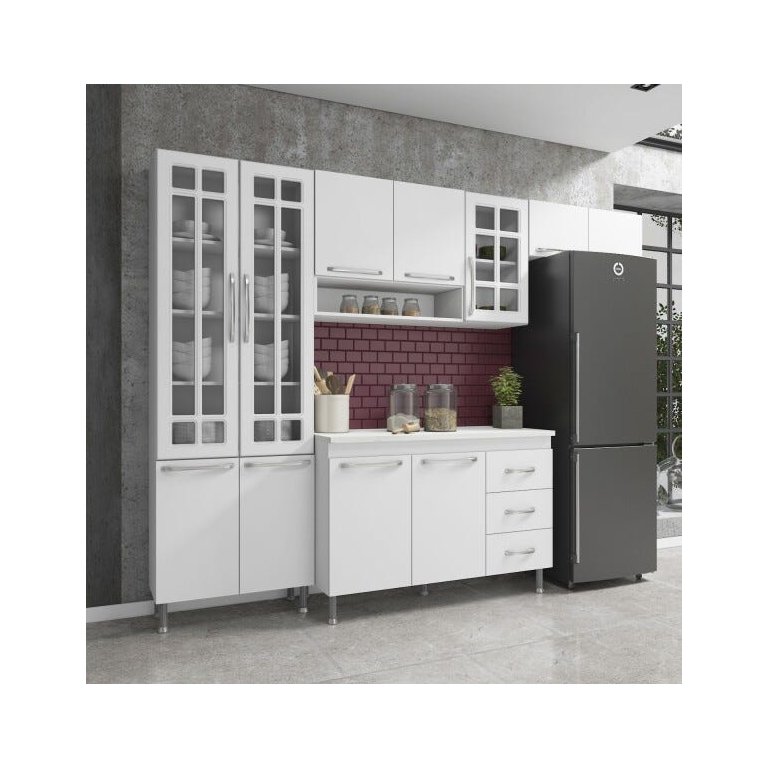 Cozinha Completa Predilleta Clara Modulada 4 Peças 260cm 11 Portas 3 Gavetas com Tampo Branco