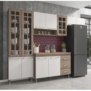 Cozinha Completa Predilleta Gabrieli Modulada 4 Peça 260cm 11 Porta 3 Gaveta com Tampo Nogal Salina