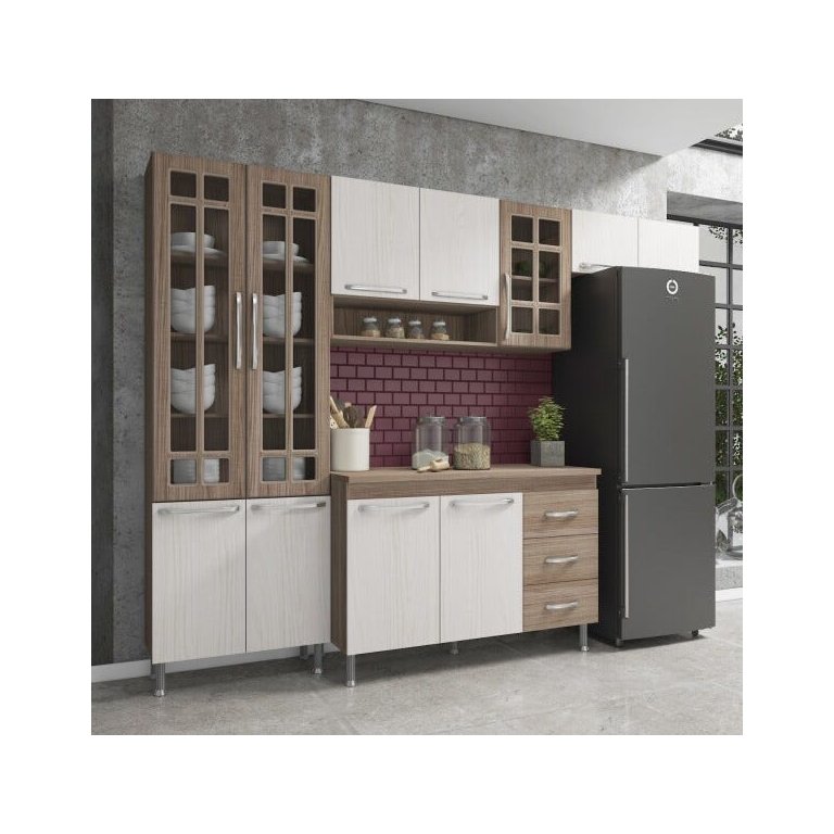 Cozinha Completa Predilleta Gabrieli Modulada 4 Peça 260cm 11 Porta 3 Gaveta com Tampo Nogal Salina